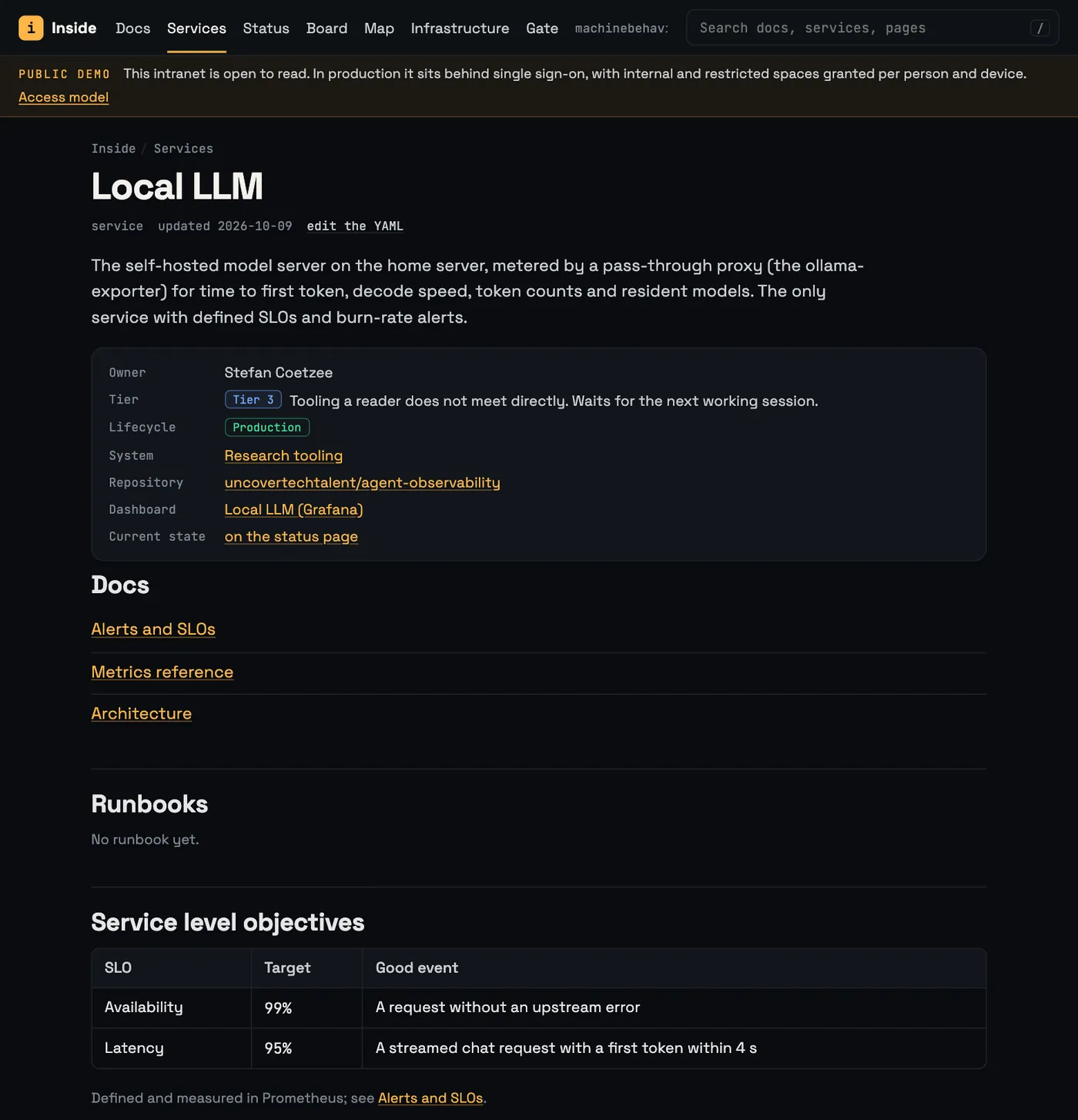 The Local LLM service page: owner Stefan Coetzee, tier 3, lifecycle production, system, repository, Grafana dashboard and a link to its state on the status page; below, three docs, an empty runbook list and a table of two service level objectives.