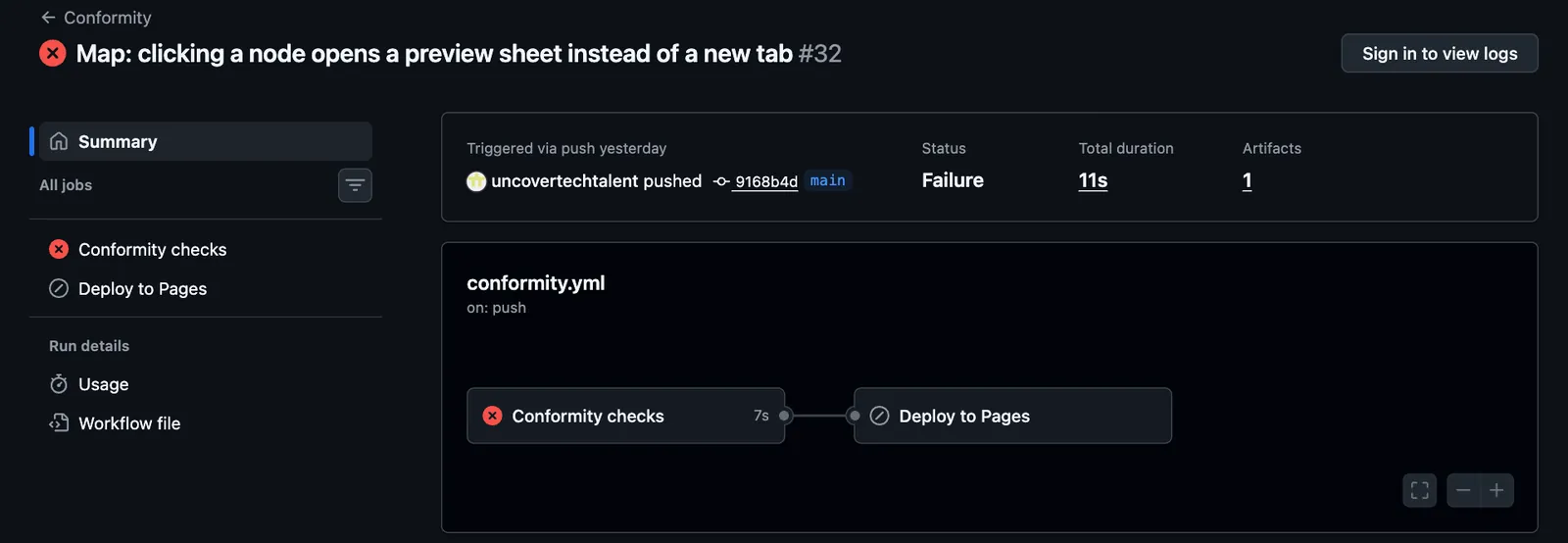 GitHub Actions run 32 of the Conformity workflow for the push Map: clicking a node opens a preview sheet instead of a new tab, commit 9168b4d on main: status failure; in the job graph, Conformity checks failed after 7 seconds and Deploy to Pages was skipped.